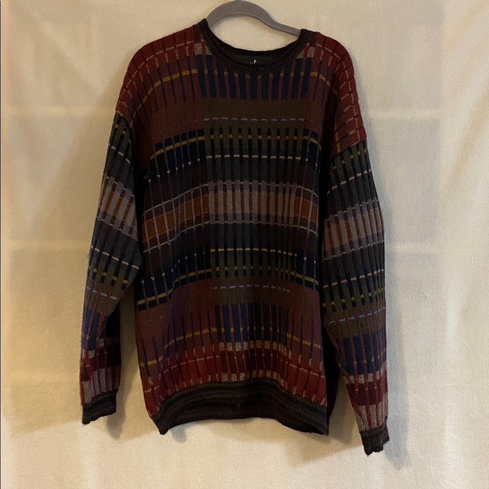 Peruvian Connection 100% Alpaca brown red green blue striped long sleeve sweater